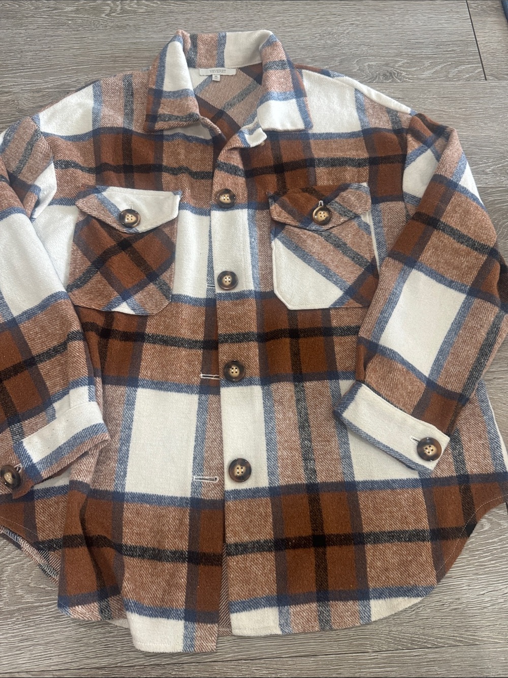 Plaid Utility Shacket in Brown & Cream with Blue Accents